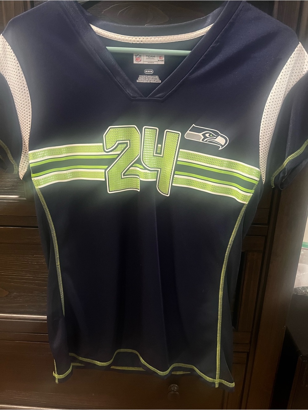 Team Apparel Navy and Lime #24 Women's Short Sleeve Football Tee